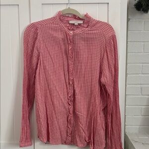 LOFT Red Gingham Ruffle Blouse